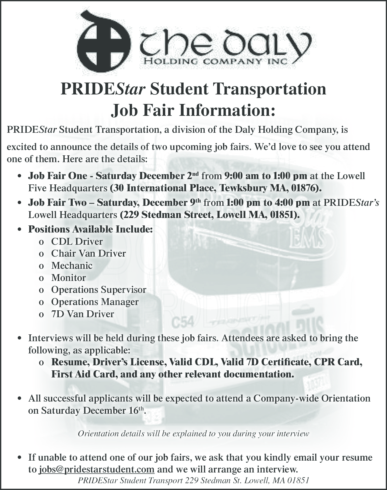 PRIDEStar Student Transportation Job Fair Greater Lowell Chamber of