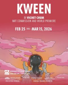 A young girl wearing headphones facing away against a pink gradient sunset in the background.